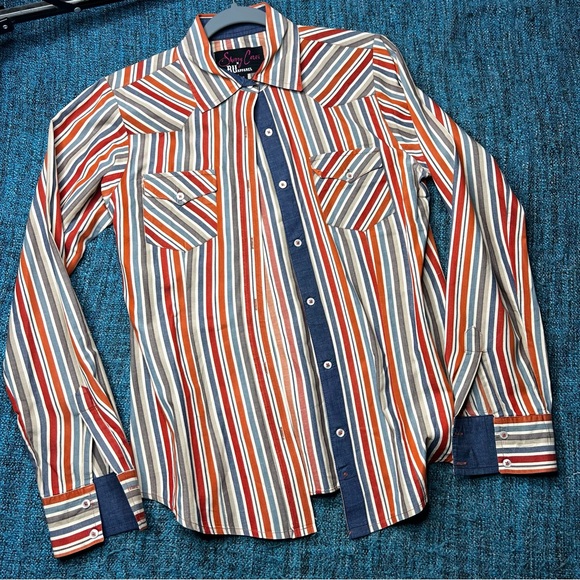 Sherry Cervi x RU Apparel Western Striped Button Up Long Sleeve Shirt Blue Red - Picture 1 of 6